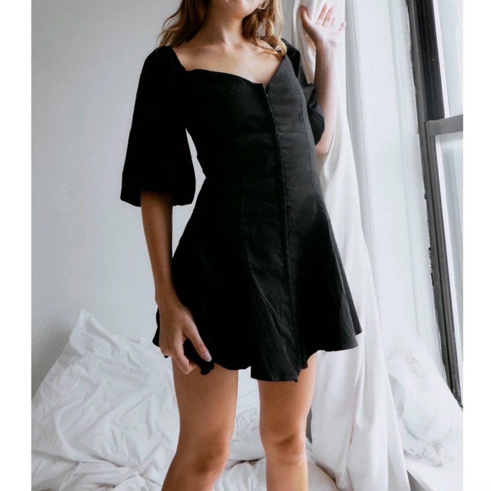 Zara Black Basque Waist Puff Sleeve Mini Dress